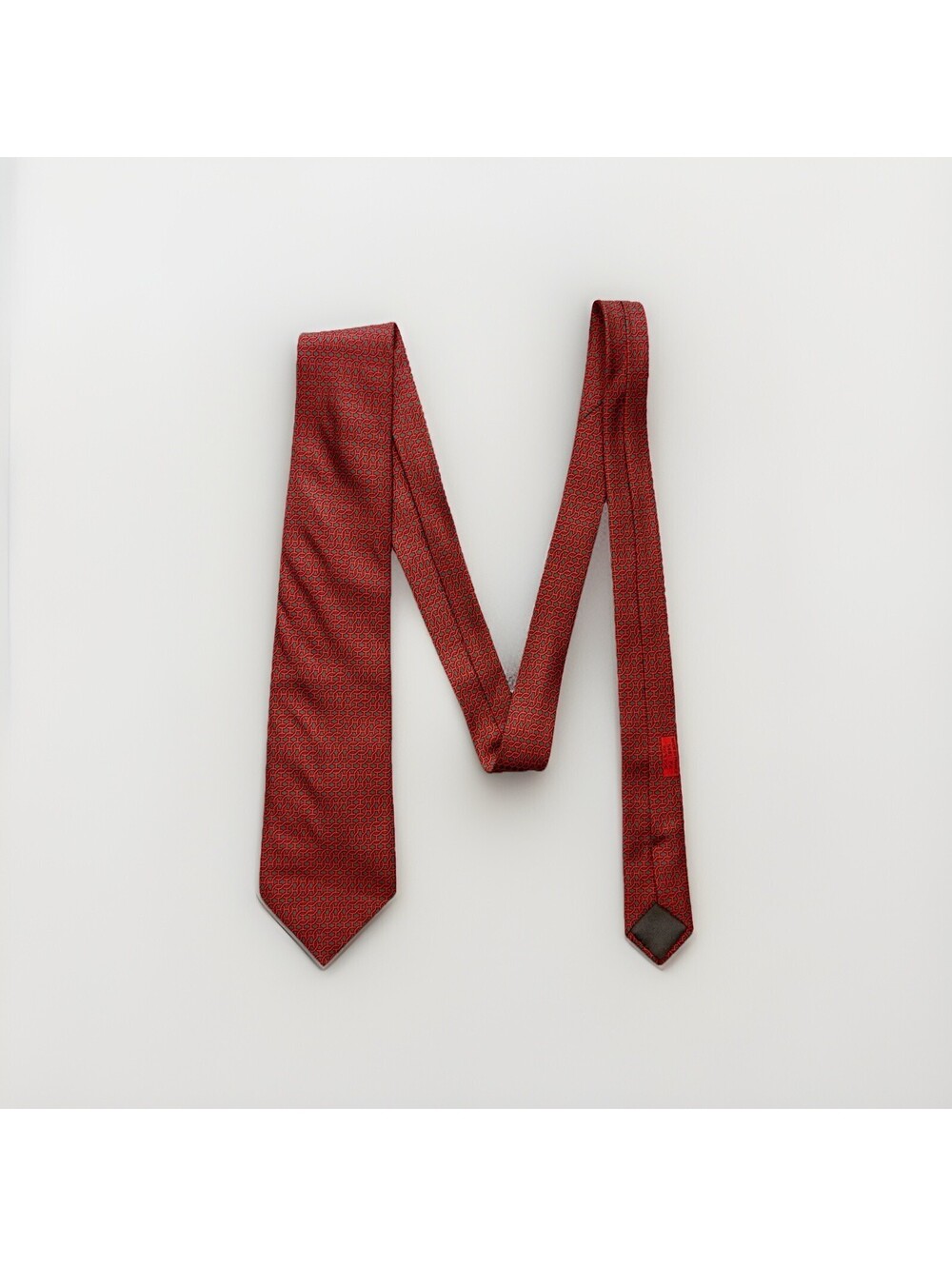 Hermes Paris Tie Red Gray Chain Pattern 100% Silk Luxury Men’s Necktie